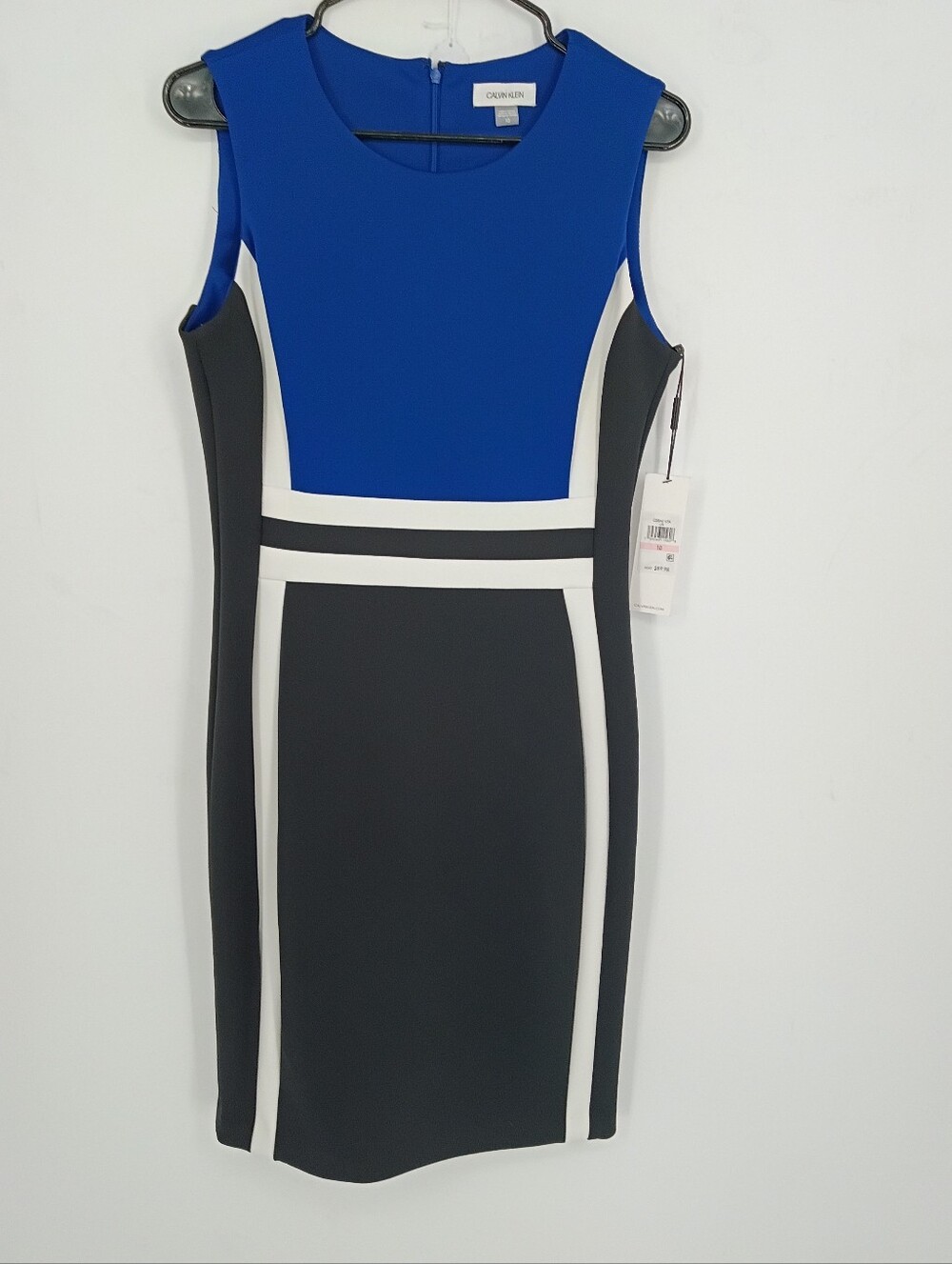 Calvin Klein Royal Blue, Black and White Colorblock Scuba Midi Sheath Dress